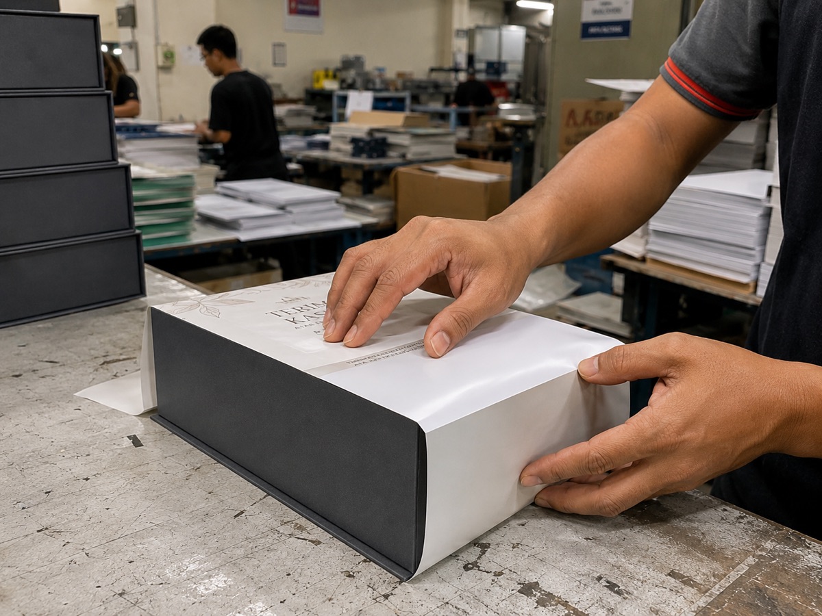 Hardbox premium dibungkus tangan di lantai produksi Astropack