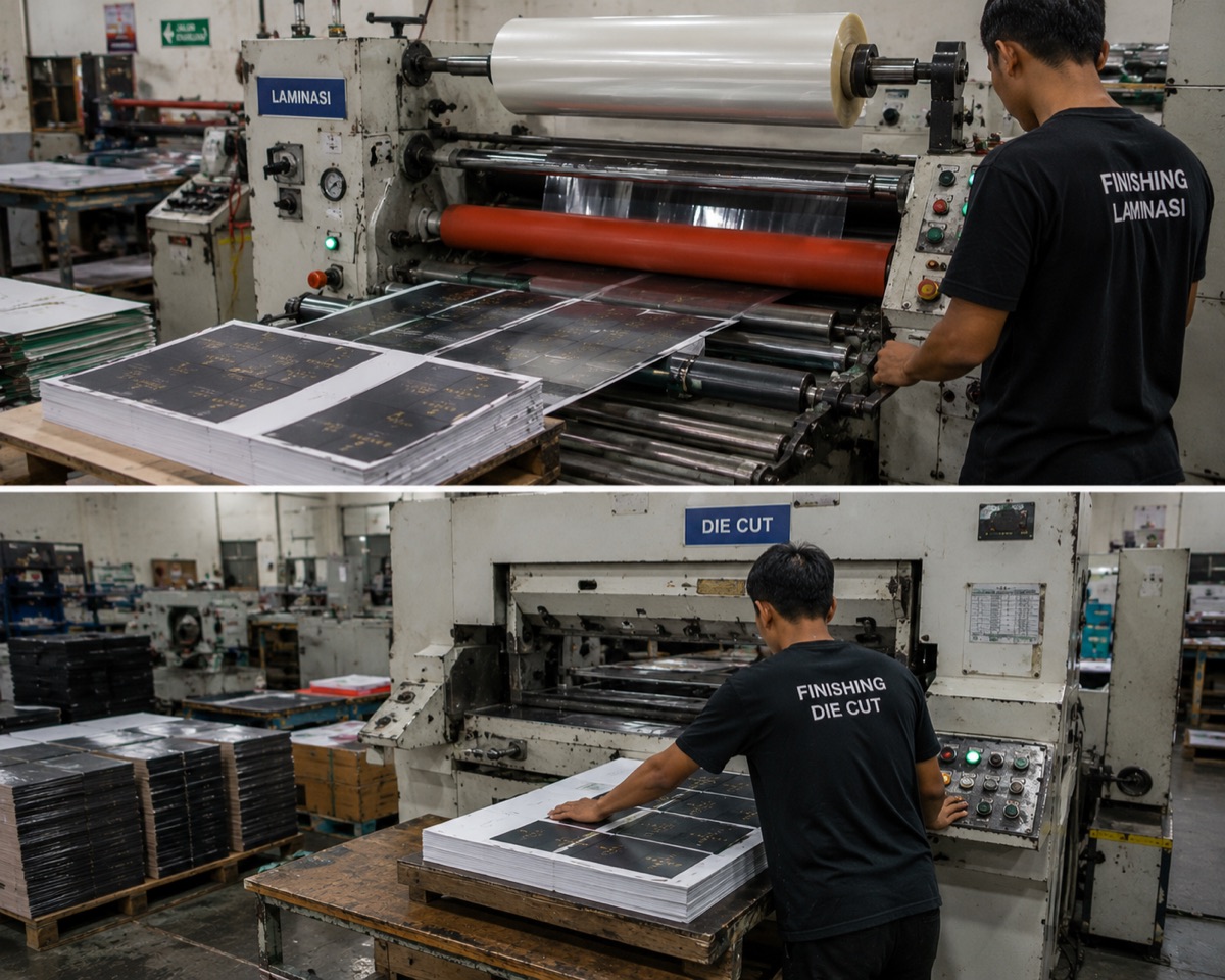 Lini finishing Astropack — mesin laminasi dan die cut sedang memproses lembaran kemasan