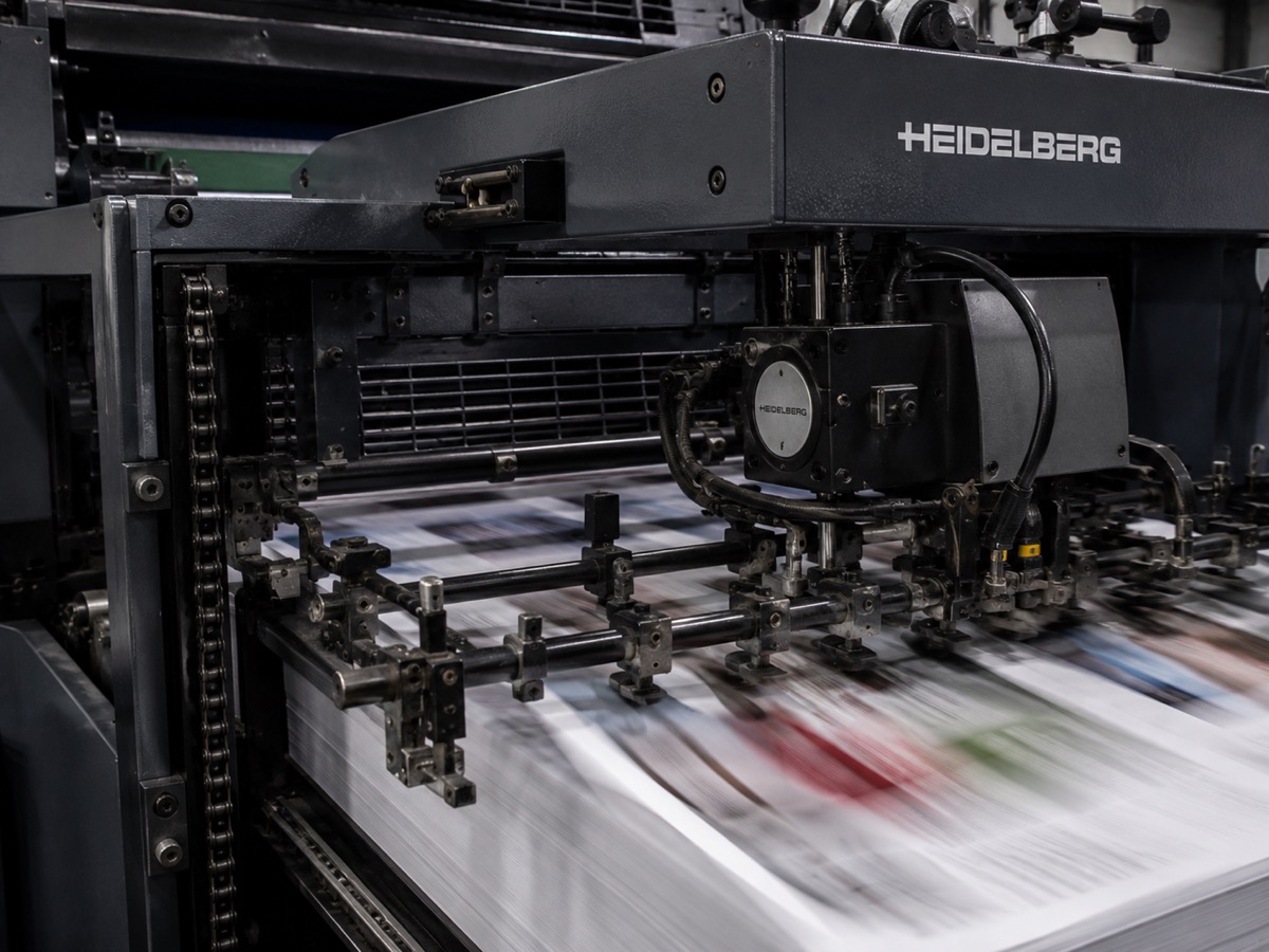 Mesin cetak offset Heidelberg sedang beroperasi di pabrik Astropack