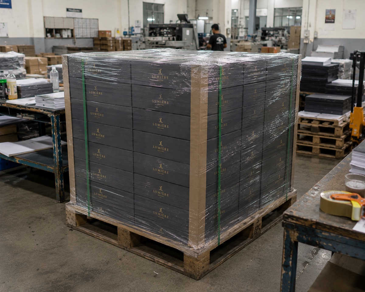 Palet berisi hardbox jadi yang sudah di-wrapping, siap dikirim dari pabrik